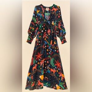 FARM RIO Black Floral Zodiac Themed Puff Sleeve Deep V-Neck Zodiac Dress Size S